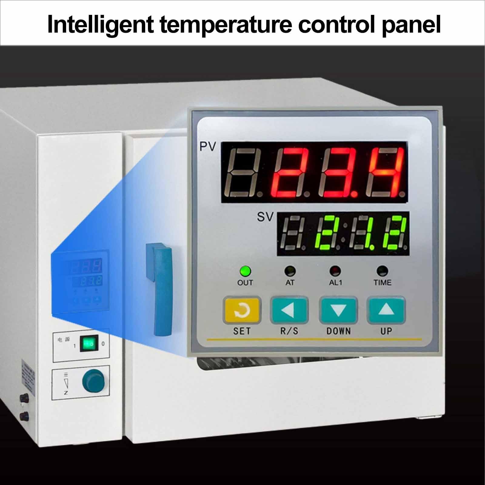 Umluft-Trockenofen für Labore, Wärmebehandlungsofen | 23 l, 810 W, Digitalanzeige, Temperaturregler, zweigeteilt, Raumtemperatur + 10–200 °C
