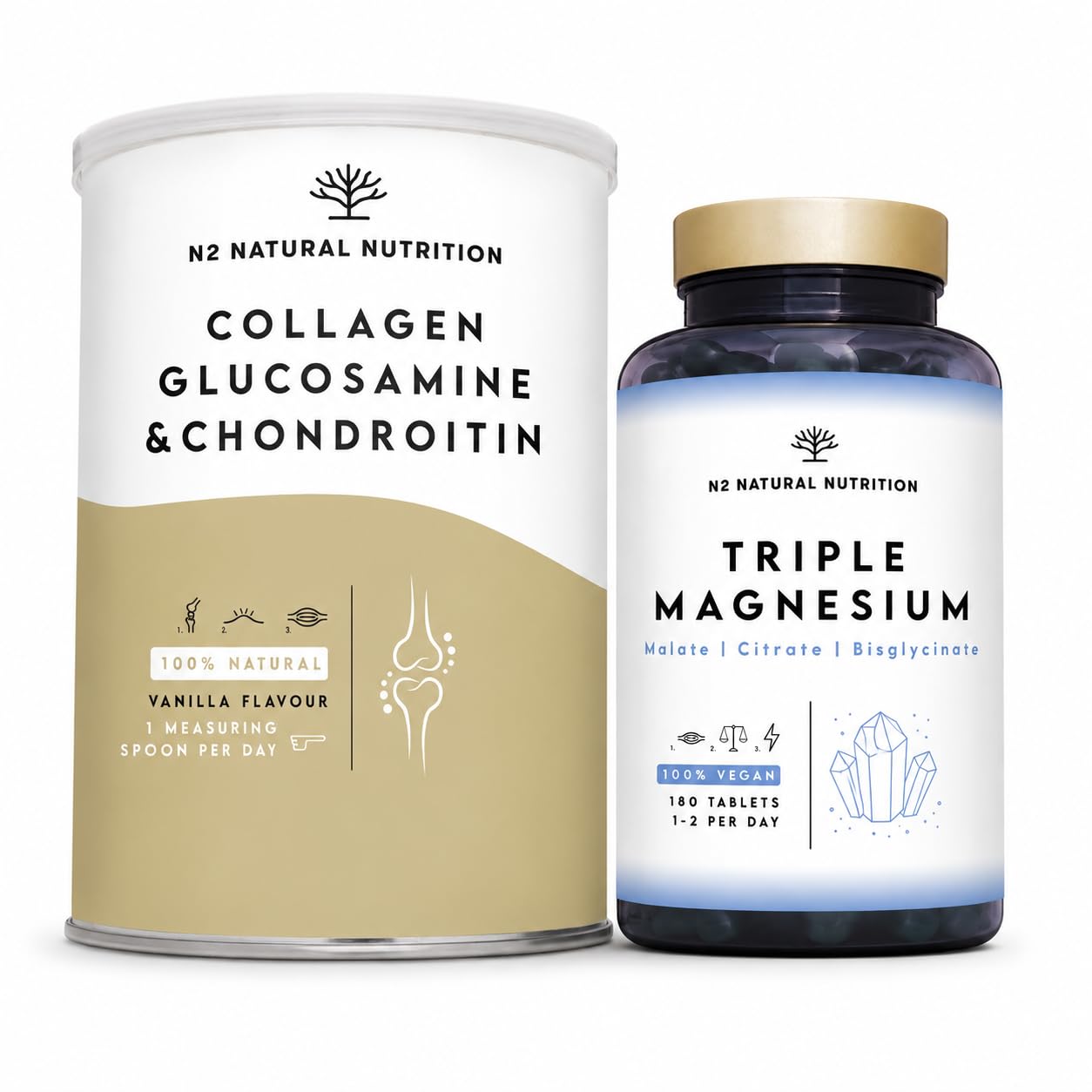 Triple Magnesio + Glucosamina Condroitina e Collagene Idrolizzato. Magnesio Bisglicinato Citrato e Malato 440 mg + Glucosamina 1500 mg + Condroitina 1200 mg + Collagene 10000 mg con Acido Ialuronico