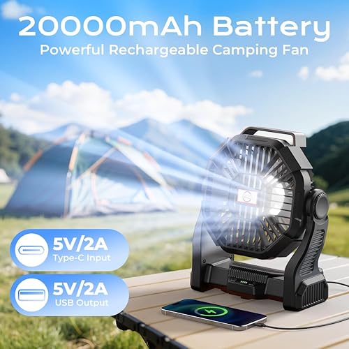 Miniatura 3 de Ventilador de camping portátil, batería de 20000 mAh, recargable personal con linterna LED, ventilador de tienda de playa al aire libre con 4