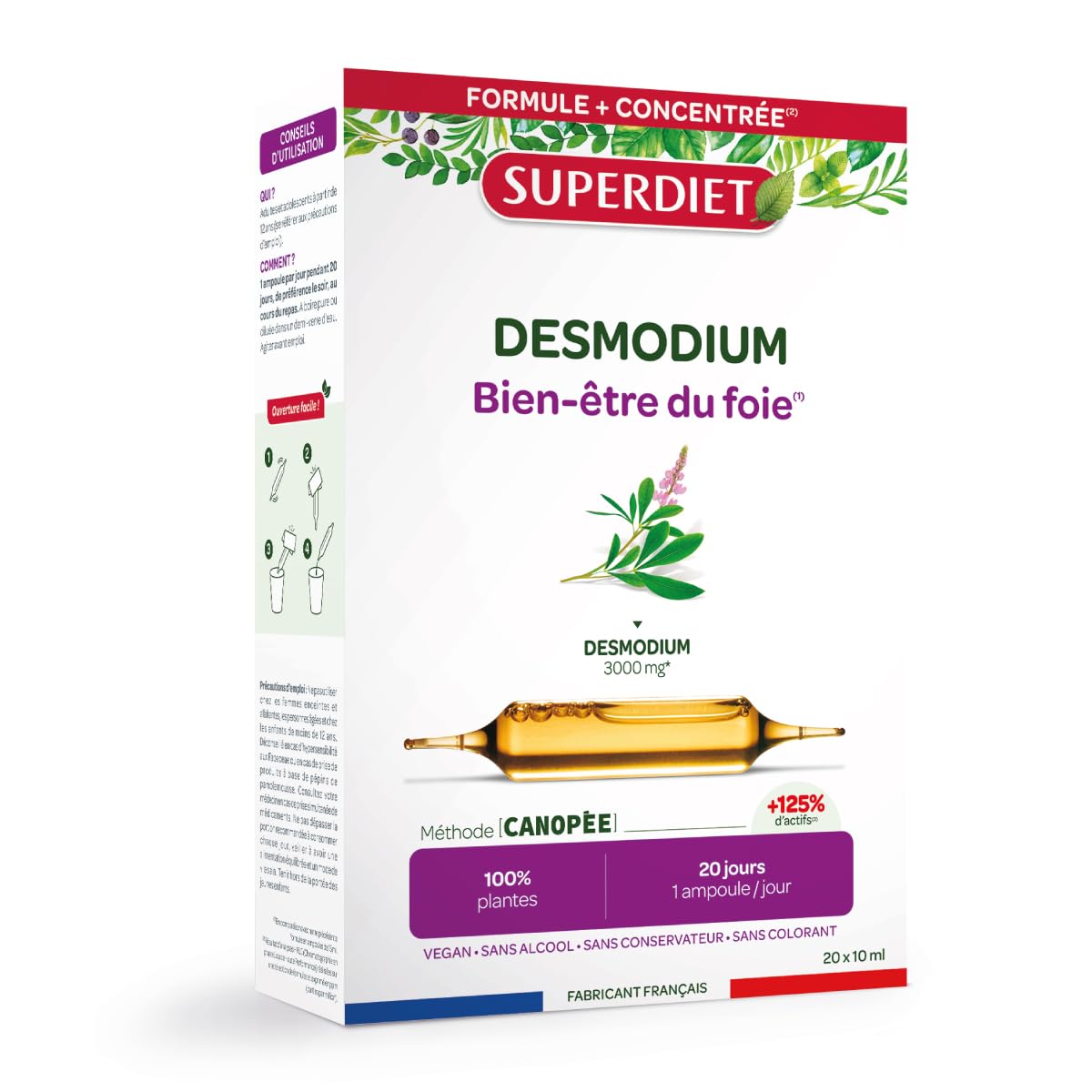 SUPERDIET – DESMODIUM 3000 MG – Bien-​être du foie – Fabrication française – 20 ampoules de 10 ml