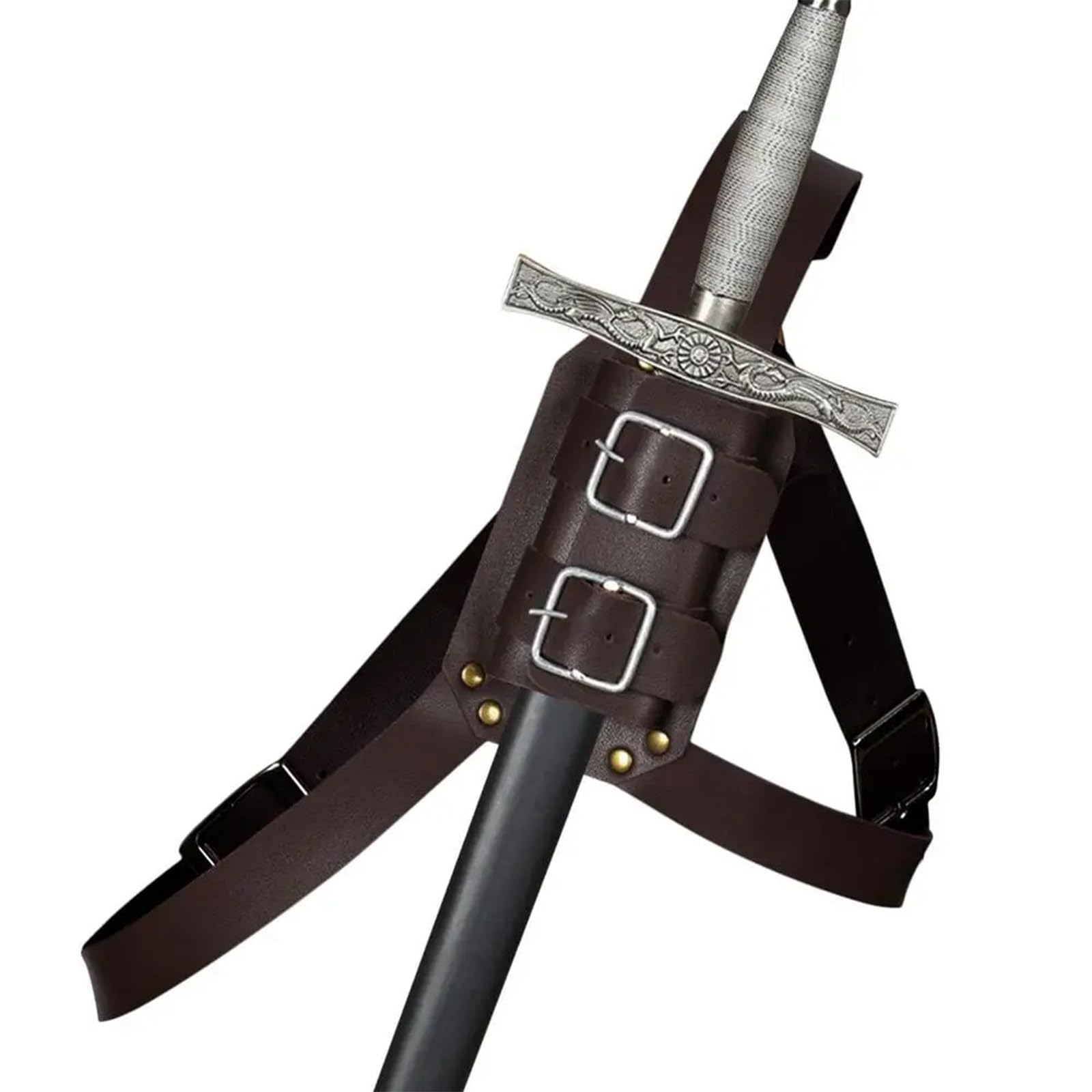 XUZIE Sword Shoulder Sheath Holder Medieval Retro Knight Scabbard Belt Outdoor PU Leather Back Sword Frog Adjustable Protective Cover Case for Costume Accessories Cosplay, Brown
