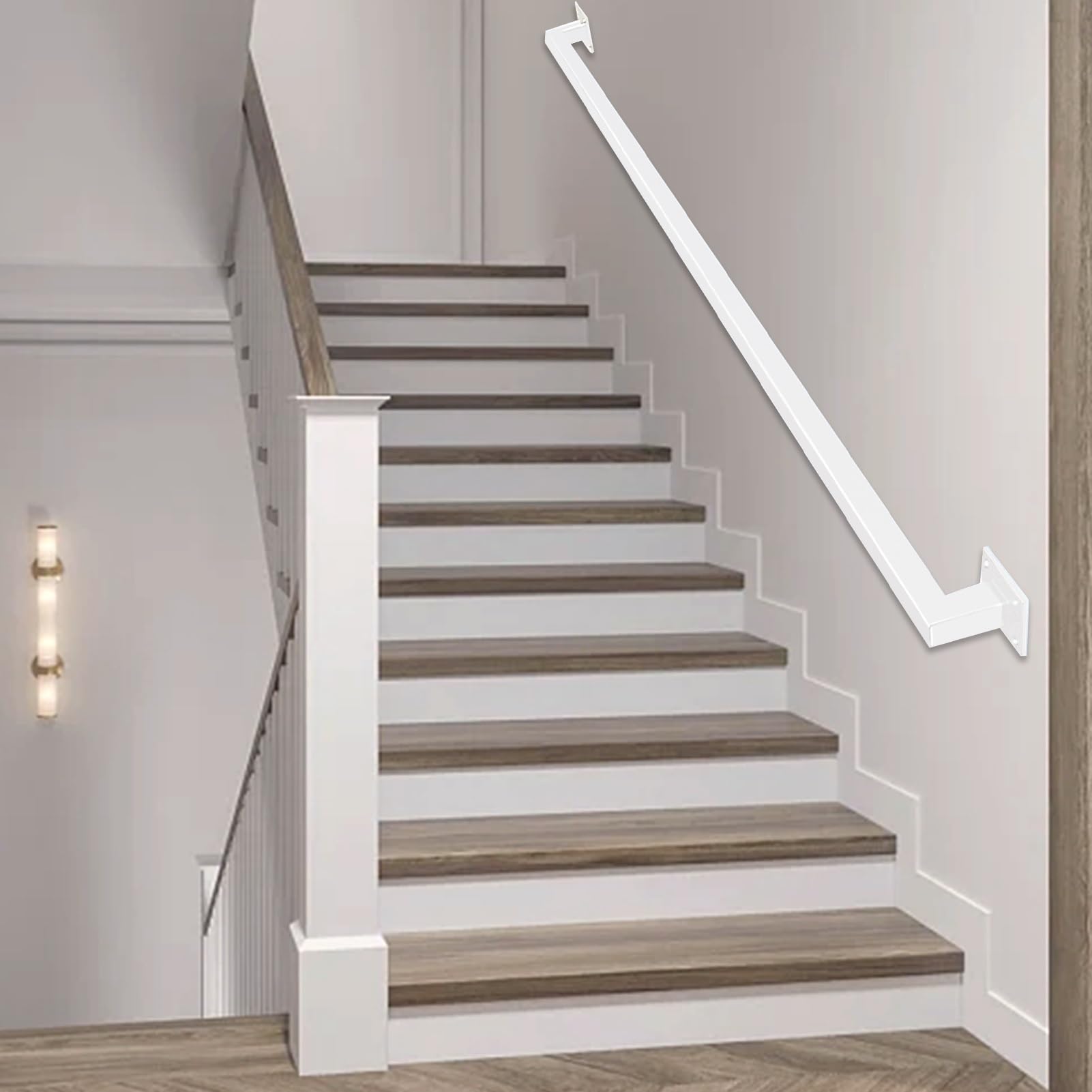 White Stairs Handrail,Wall Mount Square Pipe Metal Balustrade Grab Bar Bathroom Corridor Stairs Handrail Safety Non-Slip Staircase Railing - Complete Kit(Size : 7ft/210cm)
