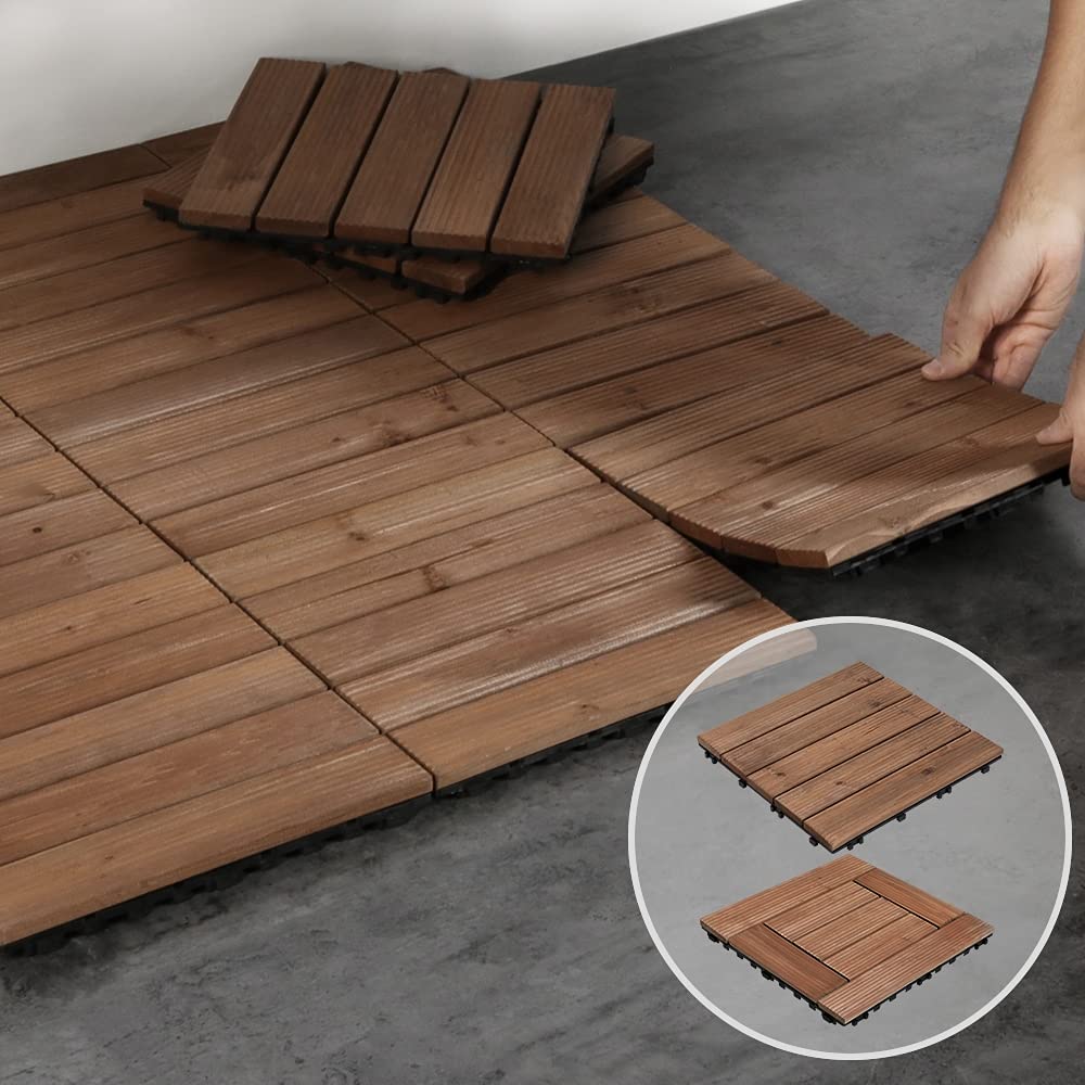 Yaheetech Set de 27 Baldosas de Abeto 30x30 cm para 2,6 m² 5 láminas de Suelo de Madera Piso Antideslizantes Terraza Piscina Jardín Patio Balcón Baño Marrón — view 2