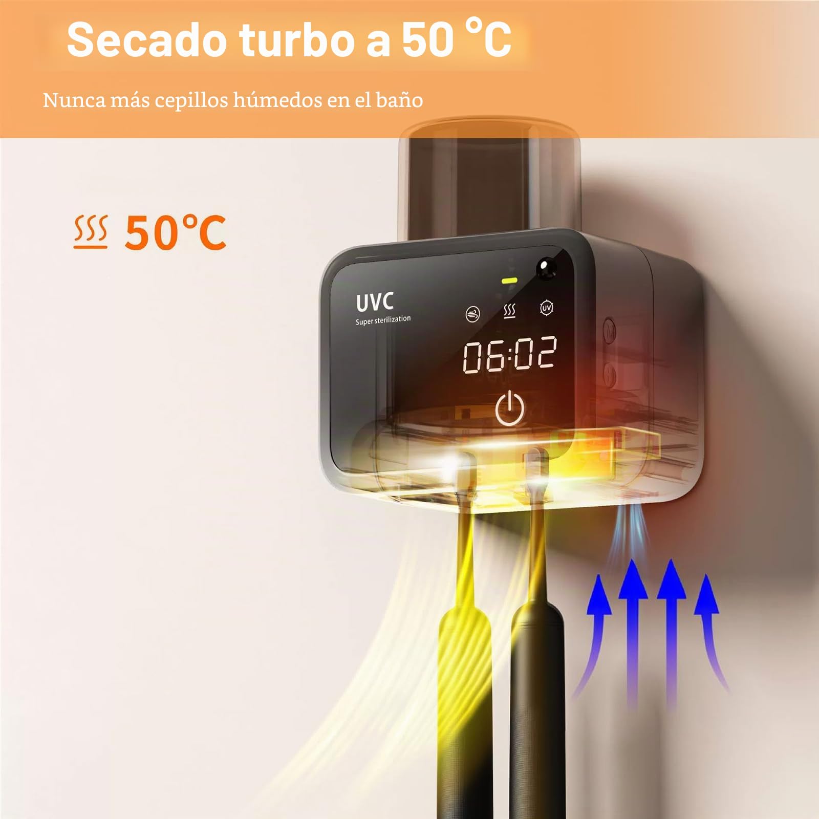 Maxspace Soporte para cepillo de dientes, esterilizador de cepillo de dientes UV, para montaje en pared, con secado, función de temporizador, desinfección para vasos de cepillos de dientes, sin