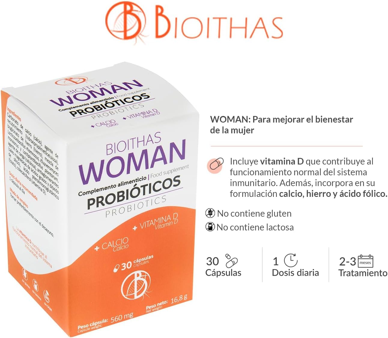 WOMAN - Protector Íntimo Mujer, Probióticos para Equilibrio y Bienestar de la Flora Vaginal [Vaginosis Bacteriana - Candida] Hierro, Calcio, Ácido Fólico y Vitamina D. 90 Cápsulas