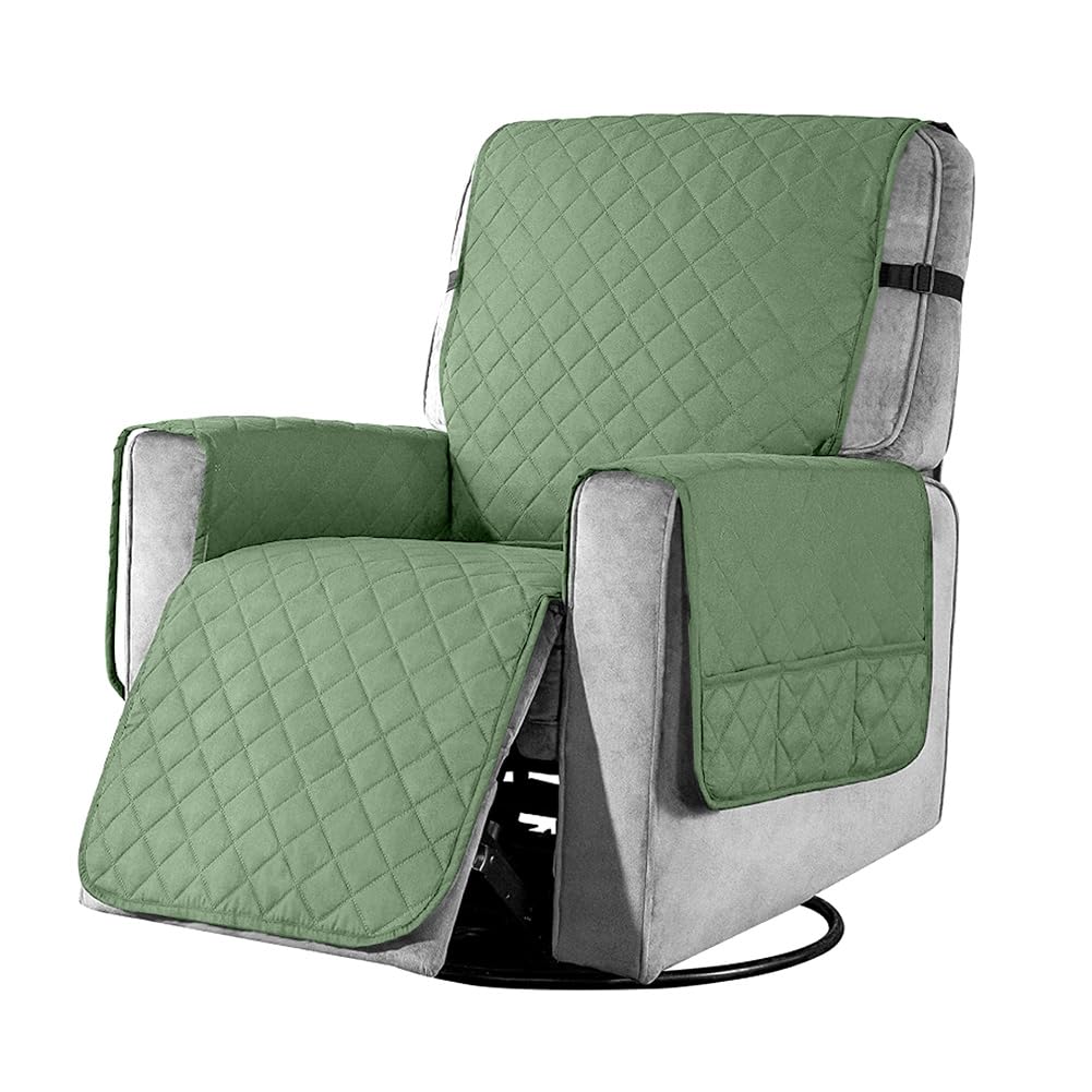 YancLife Recliner Chair Cover Pad with 6 Side Pockets, Reclining Chair Adjustable Soft Non-slip Buckles Protective Armchair Sofa Cushion Protector for Home with Children and Pets Dog (Small, Green