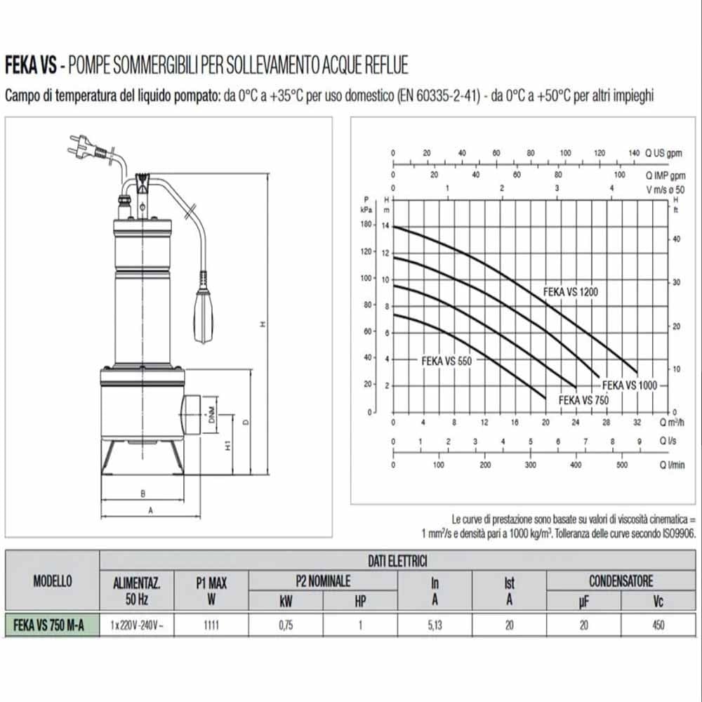 DAB FEKA VS 750 M-A Pompa centrifuga sommergibile in acciaio inox con galleggiante per drenaggio delle acque reflue 0,75 kW / 1 HP monofase