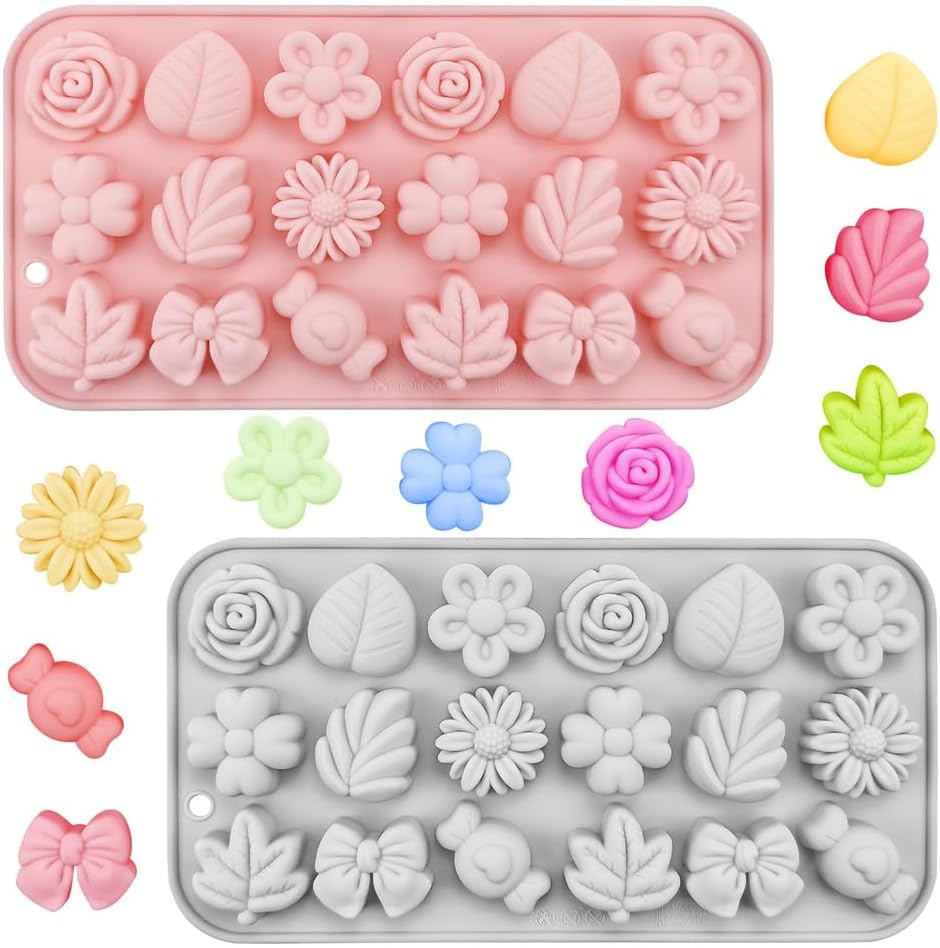 2 Pcs Flower and Leaves Silicone Cake Molds, AZONEE Mini Flower Chocolate Molds, Blossom Fondant Cake Decorating Mold Tulip Flower Molds Ice Mold Pudding Molds Soap Molds for Wedding, Festival