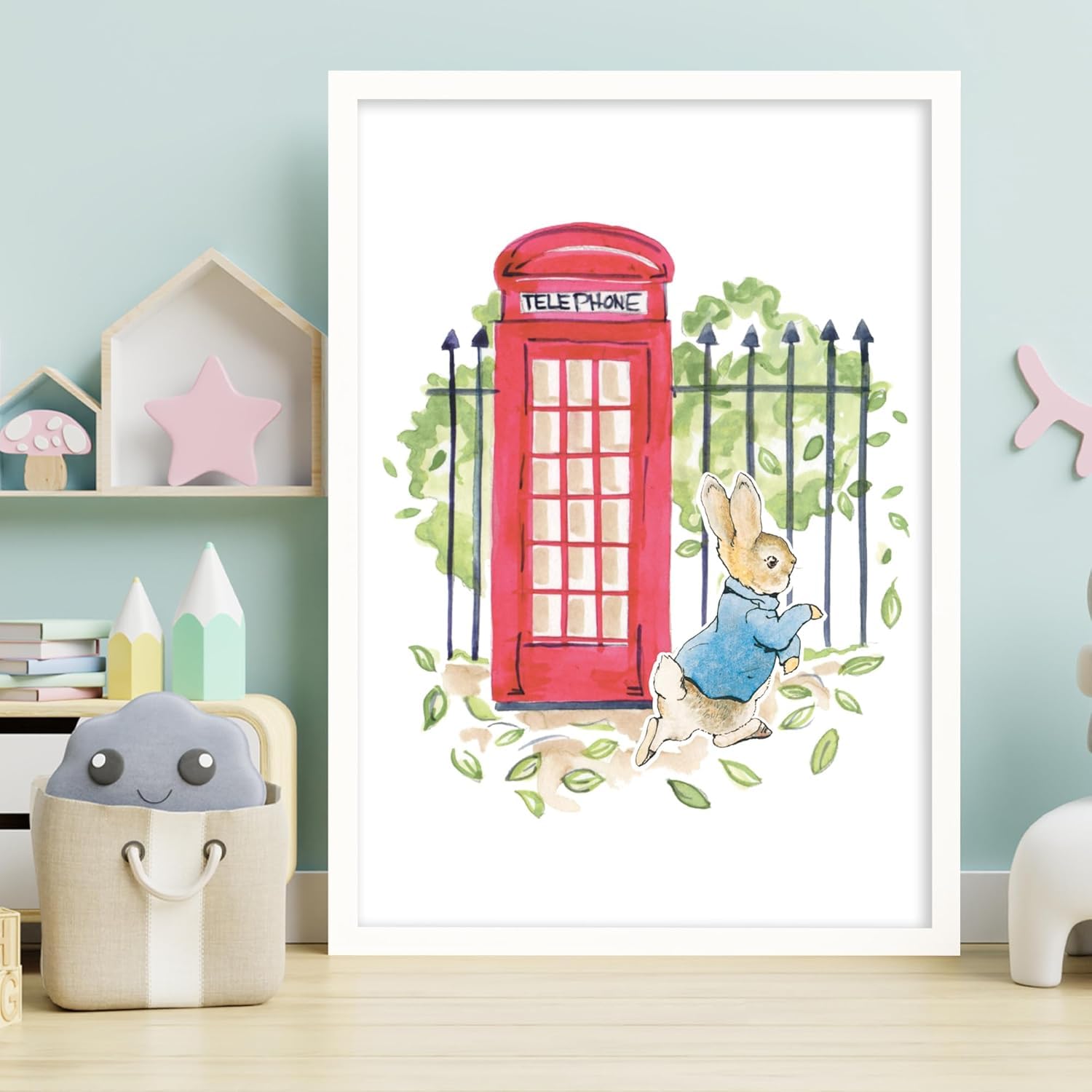 Themed White Peter Rabbit Print - Peter Telephone Box Nursery Wall Art (A3-29.7Cm X 42Cm)