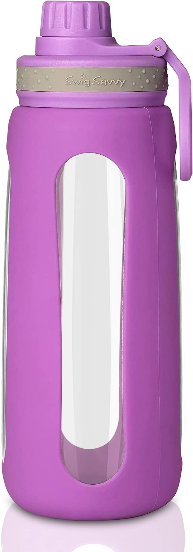 Swig Savvy glass water bottle with silicone sleeve, Wide Mouth Leakproof Lid 25 oz Purple