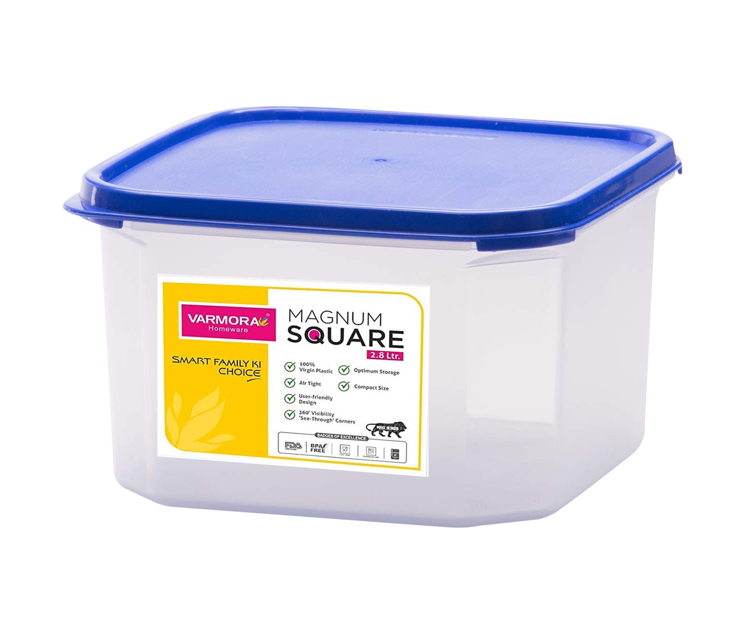 VarmoraMagnum Square Smart Kitchen Storage Plastic Container –Blue Lid (2.8 Litres)(Pack of 1)