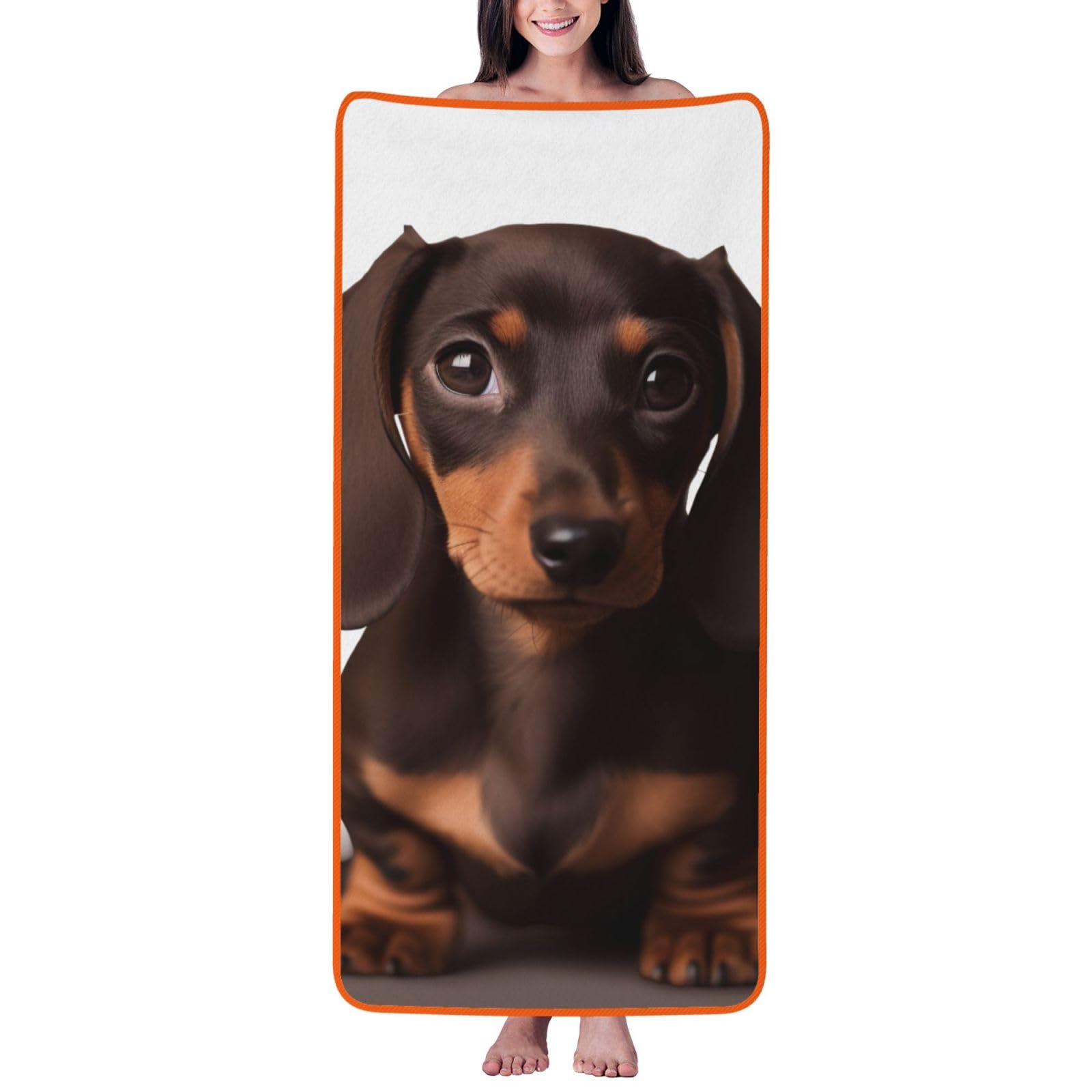 WPKJU Cute Dachshund Dog Printed Bath Towel with Orange Edging - 27x55 in Soft Extra Absorbent Coral Velvet Shower Towels for Bathroom