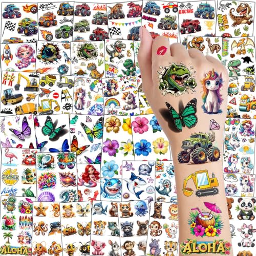 Image of 300+ PCS 40 Sheets Cartoon Temporary Tattoos For Kids Boys Girls Child Children Tattoo Sticker Birthday Party Favor Supplies, Funny Animals Unicorn Dinosaur Fake Tattoos Party Decoration Accessories