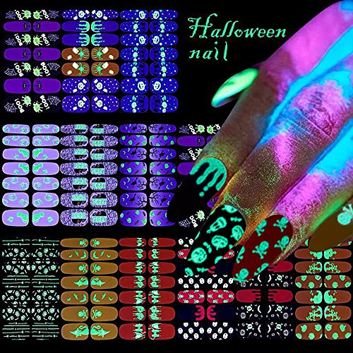 EBANKU 12 Blatt Halloween Nagelsticker Luminous mit Nagelfeile, Selbstklebende Nagelfolie Maniküre Sticker Kürbis für Frauen Mädchen Party Nail Art Dekoration – Bild 3