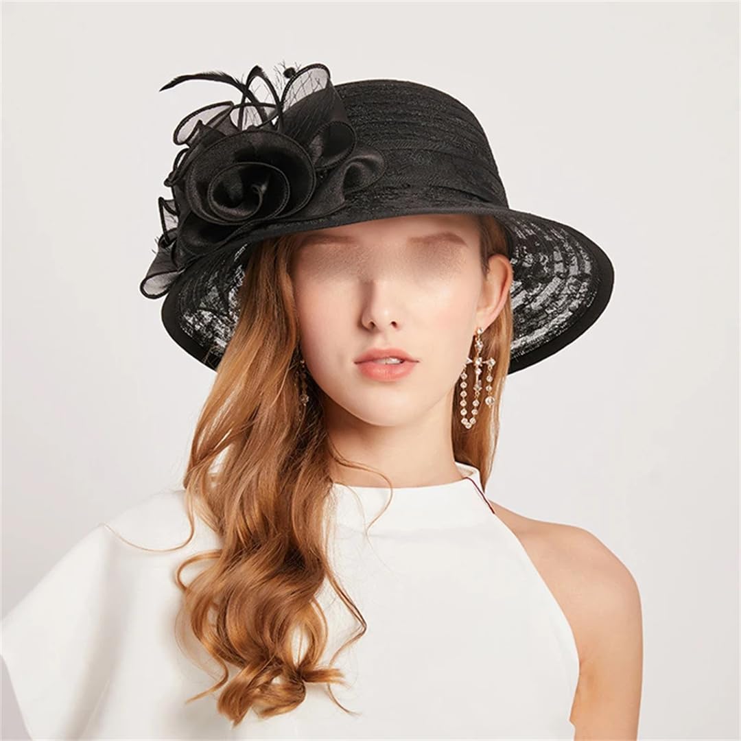 Yeuyyben Elegante cappello da sole in organza con fiore per donne a tesa larga chiesa signora tea party cappello da sole spiaggia cappello
