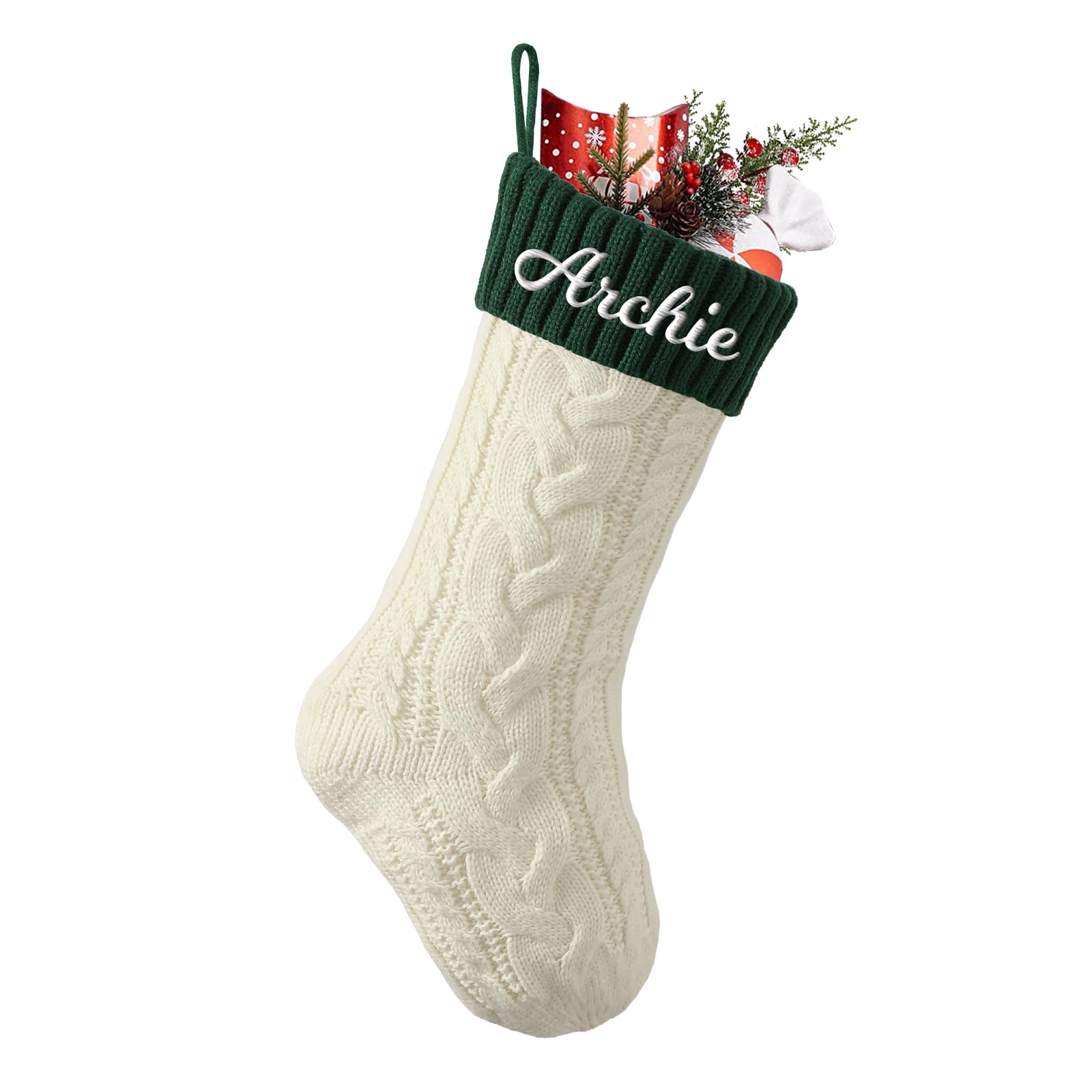 Cysincos Personalized Christmas Stockings Custom Name Christmas Stockings 18" Large Knitted Xmas Fireplace Hanging Stocking, Stocking for Holiday Decoration,Ivory White (Body) / Dark Green (Mouth) — image 1