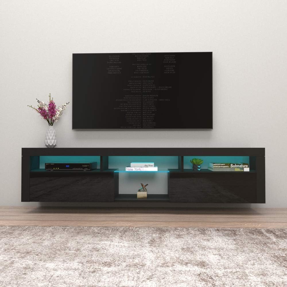 Meble Furniture Bari 200 Floating TV Stand — Wall-Mounted Entertainment Center with LED Lighting and Storage — Modern High Gloss, 78.7 x 15.7 x 16.5 in — Black
