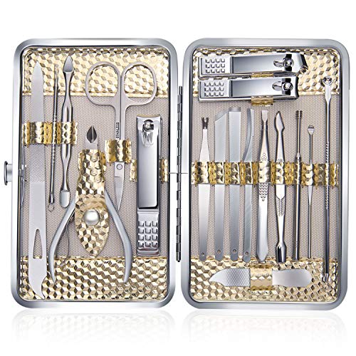 Manicure Set Professional Nail Clippers Kit Pedicure Care Tools-Stainless Steel Women Grooming Kit 18Pcs With PU Leather Case for Travel or Home (Gold)