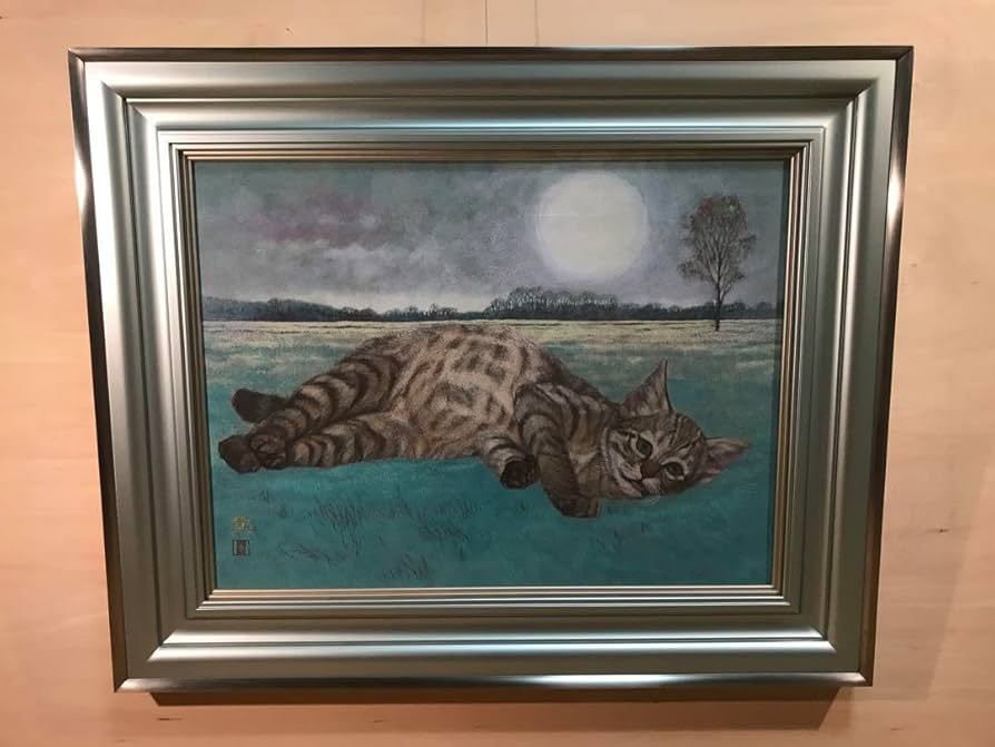 水戸童「猫」日本画12号直筆サイン・落款・共シール有り