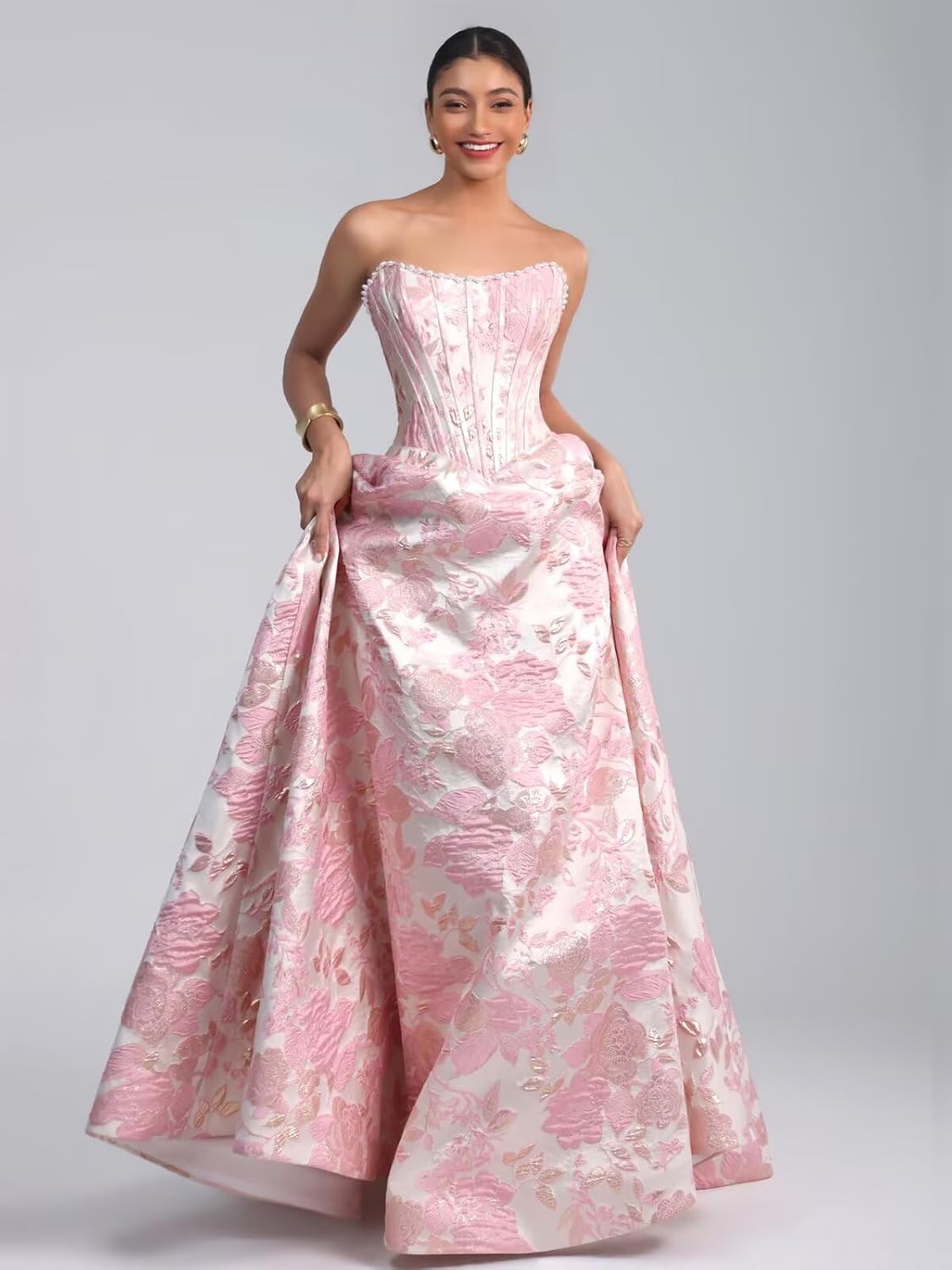 Floral Jacquard Satin Prom Dresses for Teens Corset A-Line Long Formal Evening Party Graduation Ball Gown with Pockets