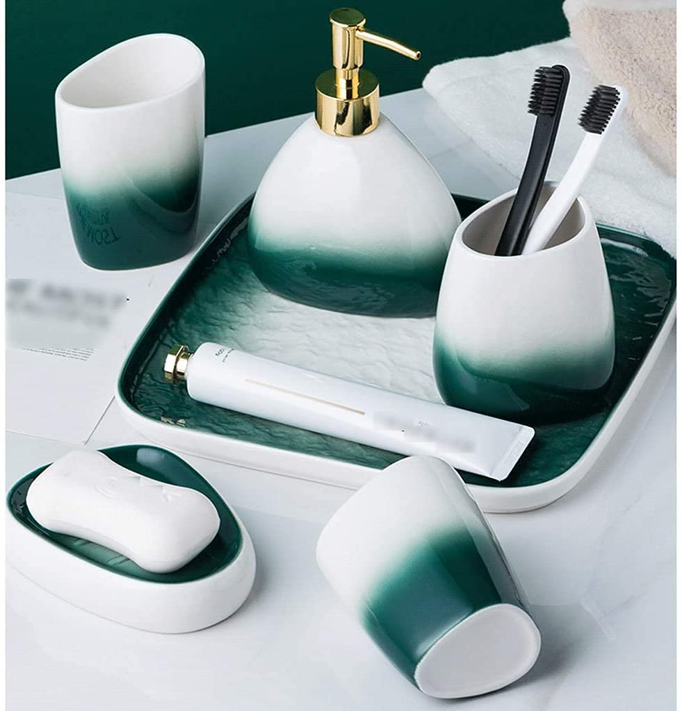 Dispenser Sapone Set Di Accessori for Il Bagno Verde Sfumato for Da 5 Pezzi Dispenser Sapone 450 Ml / 15,2 Once Bottiglia Con Pompa for Lozione In Ceramica Retrò Per Bagno Cucina(5 Piece Set)