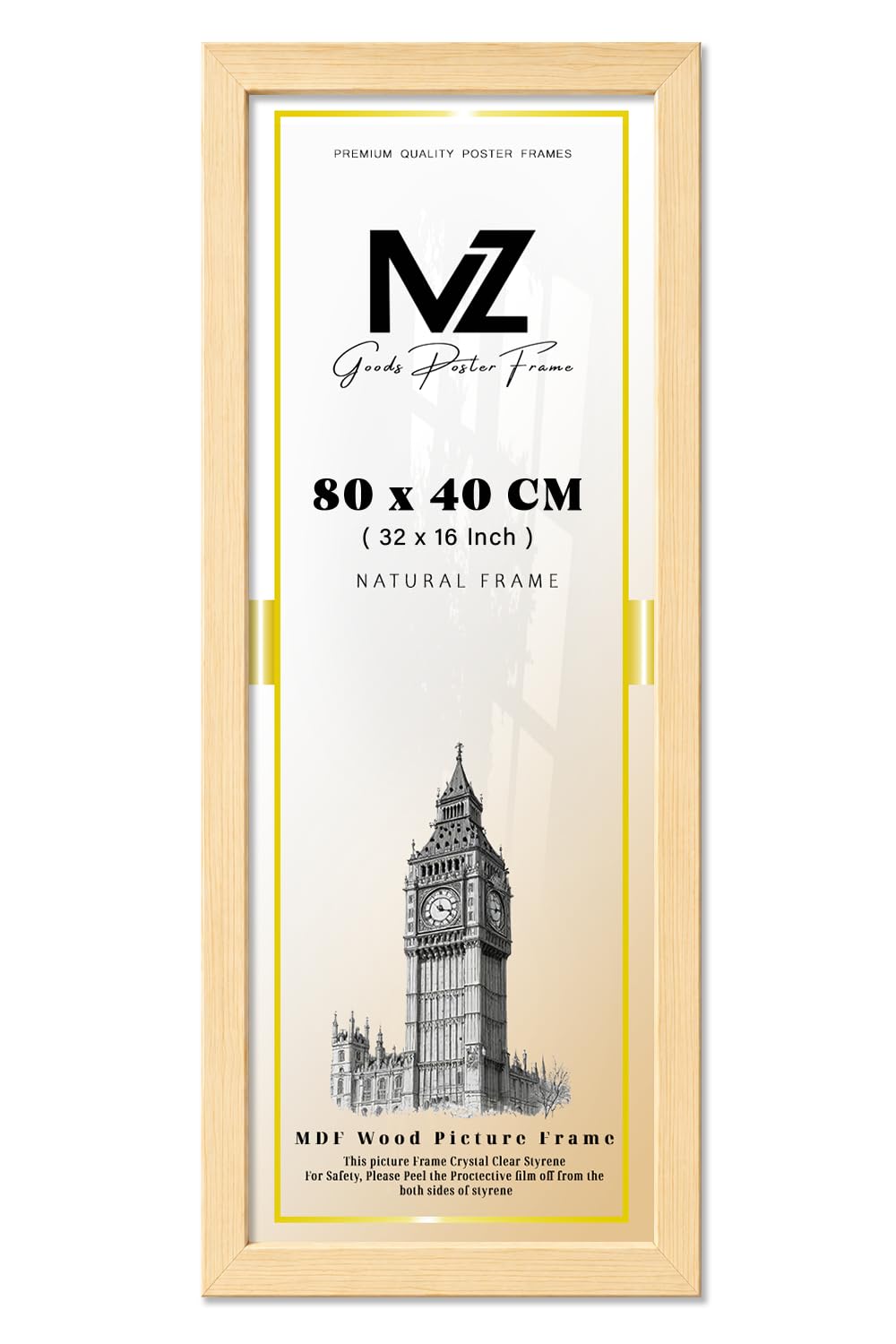MZ GOODS | MDF Wood Picture Frame (80 x 40 CM) 16 x 32 Inch for Art, Room Interiors & Wall Décor, MDF Finish, Sturdy Hanging Hooks for Easy Mounting [ Pine ]