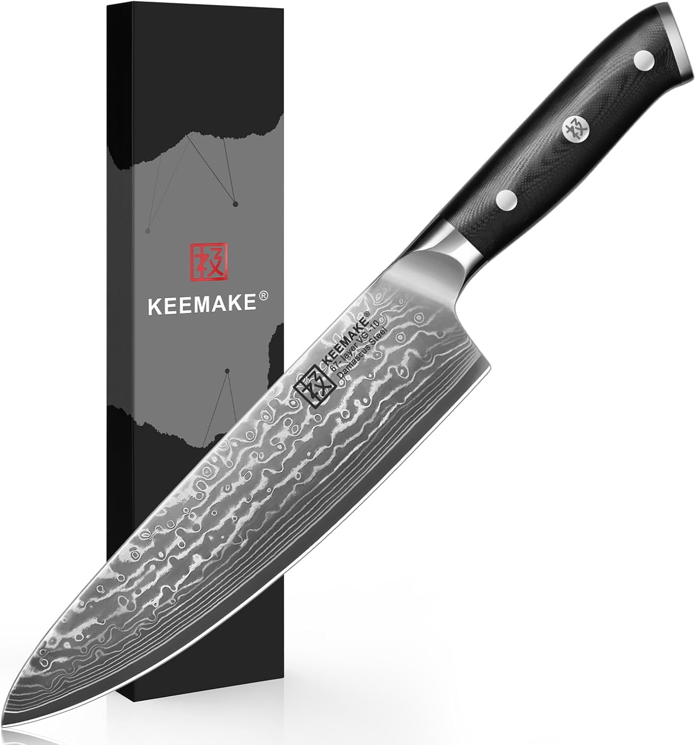 KEEMAKE Damascus Kitchen Knife, Ultra-Sharp Chefs Knife with Ergonomic G10 Handle & Gift Box