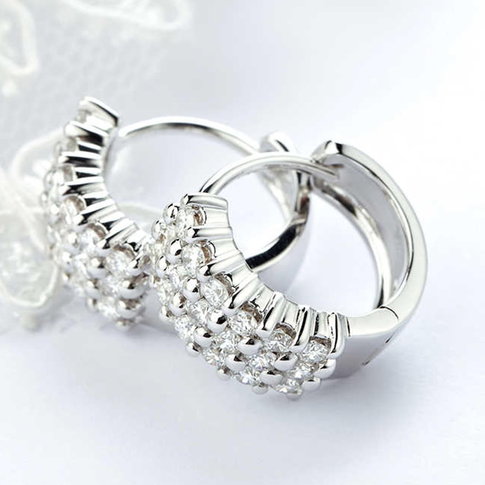 Epinki Creole Hoop 9K/14K/18K białe złoto, 3 rzędy damskich kolczyków na sztyfcie z diamentem (okrągły szlif, biały), kolczyki damskie 18/14/9-karatowe złoto, prawdziwa biżuteria,