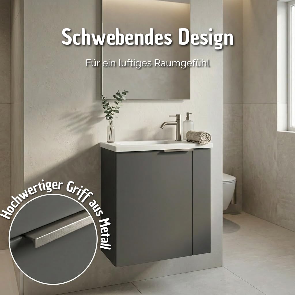 BadeDu UMEA Gäste WC Waschtisch Set 50 cm Anthrazit matt – Waschbeckenunterschrank mit Gussmarmor Waschbecken Weiß – platzsparender Waschtisch für kleines Bad & Gäste WC