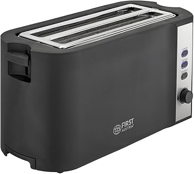 TZS First Austria Tostapane in acciaio inox a fessura lunga 4 fette con accessorio panini e vassoio raccogli-briciole 6 livelli di doratura, funzione scongelamento, 1500W, nero opaco