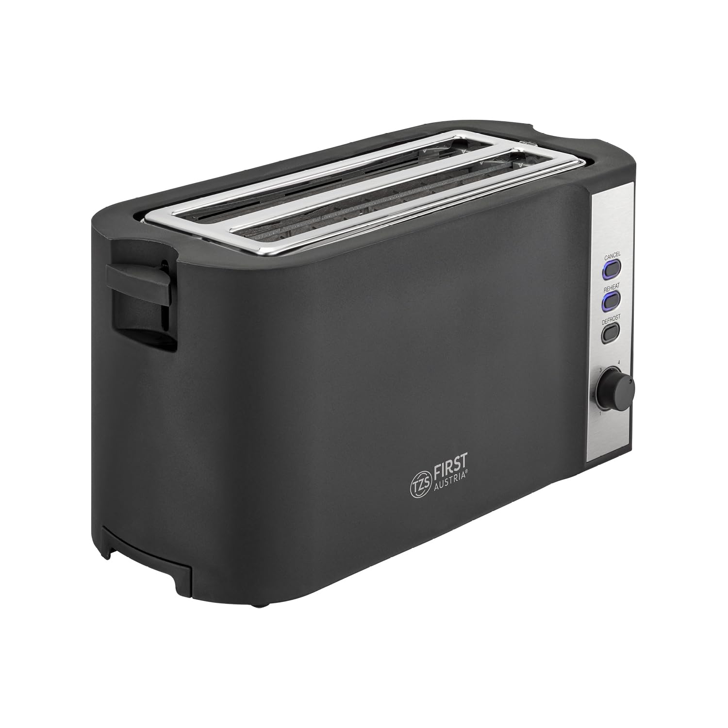 TZS First Austria – Tostapane in acciaio inox a fessura lunga 4 fette – con accessorio panini e vassoio raccogli-briciole – 6 livelli di doratura, funzione scongelamento, 1500W, nero opaco