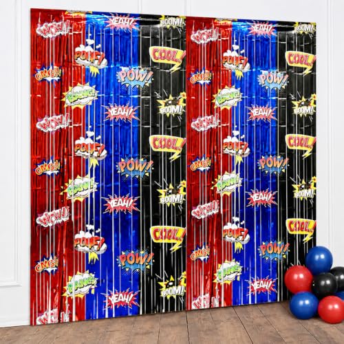 Cortinas de papel de aluminio brillantes en azul rojo y amarillo para fiestas de superhéroes