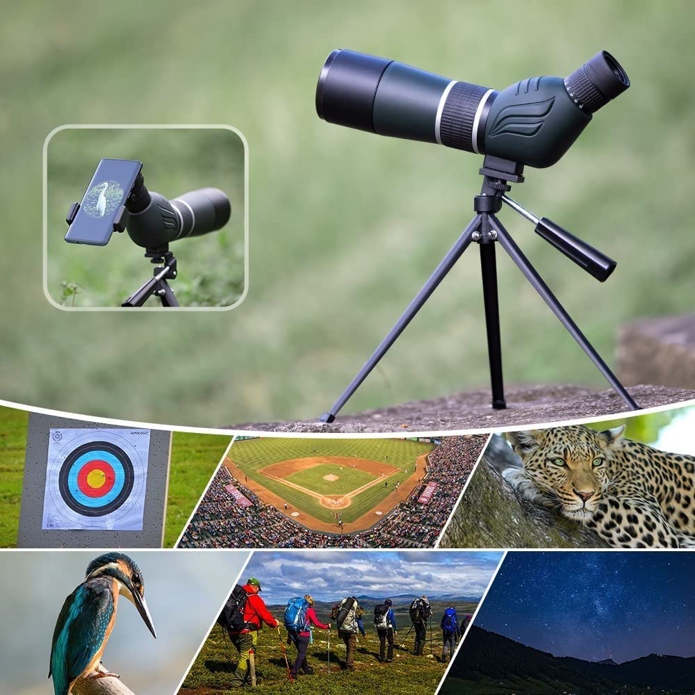 Telescopio Terrestre 20-60X60 con Trípode, Bolsa de Transporte, Adaptador for Teléfono Inteligente - BAK4 Monocular de Observación de Aves Impermeable en Ángulo de 45° for Tiro al Blanco, Caza, Paisaj