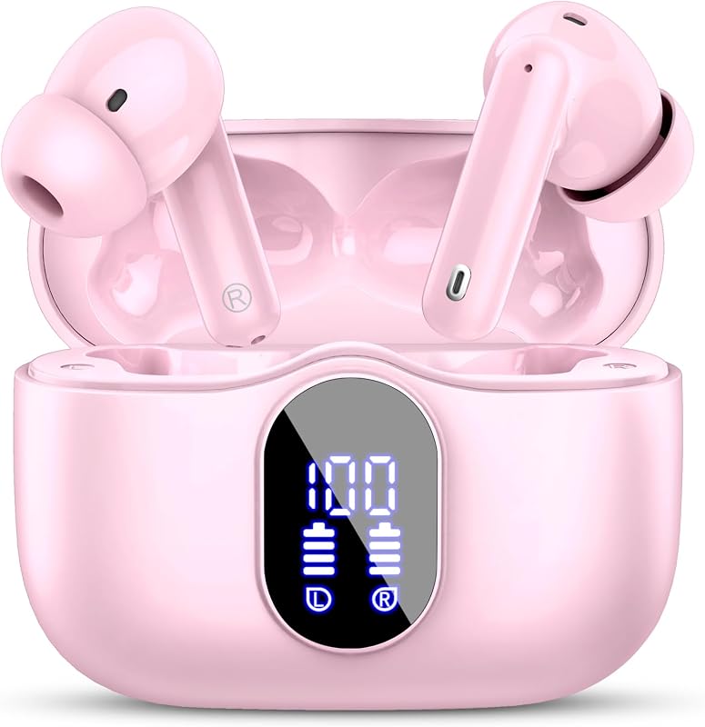 inalámbricos, auriculares Bluetooth 5.4 estéreo con graves/llamadas claras, color rosa | Auriculares con micrófono con cancelación de ruido, pantalla LED, auriculares internos IP7, resistentes al agua, 36H, Bluetooth, para teléfonos/deportes/portátiles
