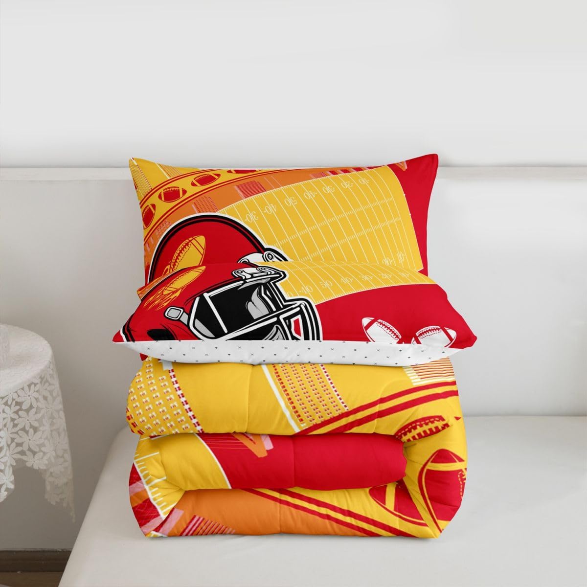 Erosebridal Football City Comforter Boys Bedding Sets Queen Football Fans Gamer Room Decor for Boys,Rugby Sports Bed Set Gifts for Kids Teen Adults Men Yellow Red Quilt Duvet 3 Pcs (Kansas)