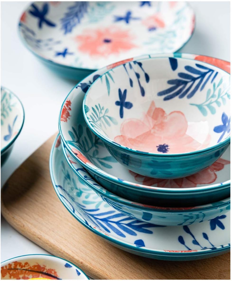 Générique Bol à Ramen, Couverts en céramique de Style Japonais, Bol à Riz de 5 Pouces, Assiettes à dîner de 8 Pouces, sous-Assiettes à Fleurs émaillées, Assiettes à dîner à imprimé Floral