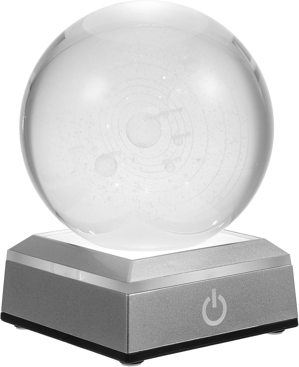 Planet Crystal Ball Decorative Sphere 8cm with Adjustable LED Light Silver Base Desktop Ornament for Home Office Bedroom Décor