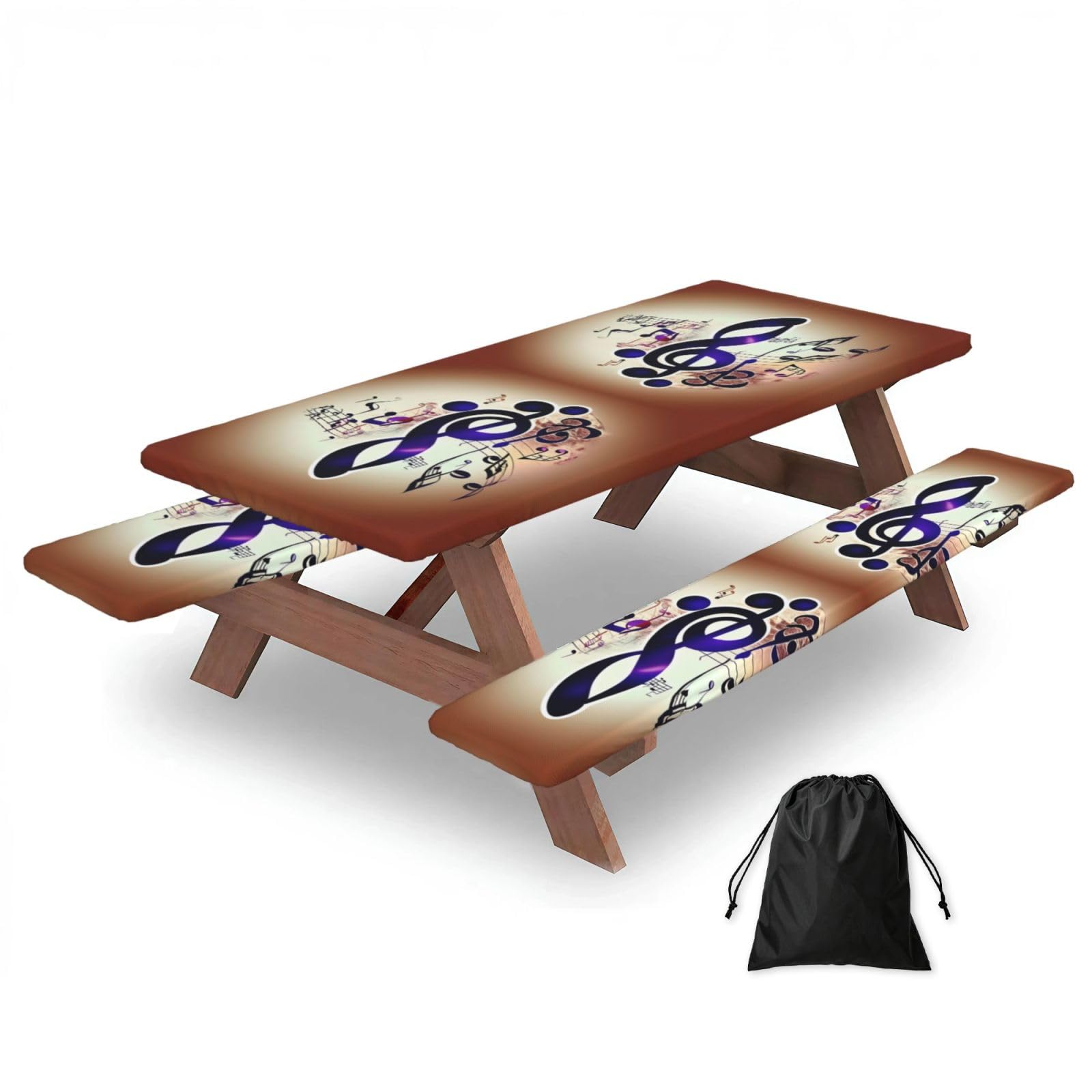 Zyjhyy Black Purple Music Notes Print 3 Pack Wipeable Picnic Bench Cover And Table Cover Lightweight Table Cloth For Camping Outdoor