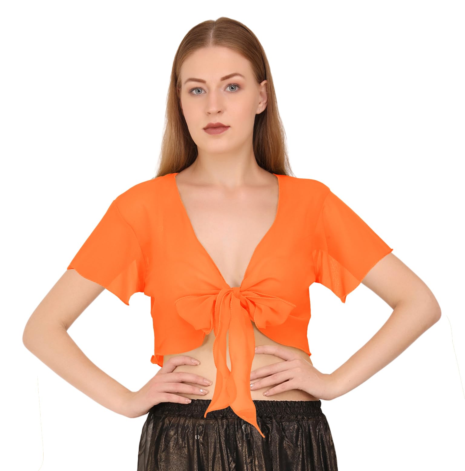 Indian Trendy Women's Chiffon Short Sleeve Tie Top Choli Blouse Belly Dance Gypsy Tie Front Cardigan Tops