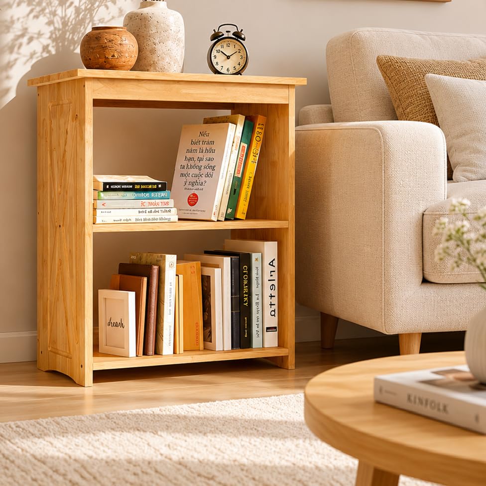 Image of Rustic Bedside Table with Storage Shelf, Wood End Table for Bedroom & Living Room, Narrow Farmhouse Side Table, Modern Nightstand for Bedroom, Living Room and Office (Natural)