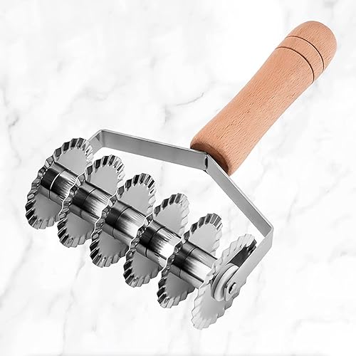 Miniatura 7 de Dadamong Rueda de repostería, cortador de rodillo de celosía de acero inoxidable con mango de madera, pasta de fideos, galletas, postre, pizza, pan,