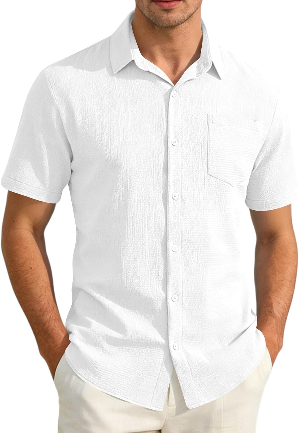 Men's Linen Blend Button Down Shirt Short Sleeve Tee Loose Fit Casual Shirt with Camp Collar Lightweight Breathable
