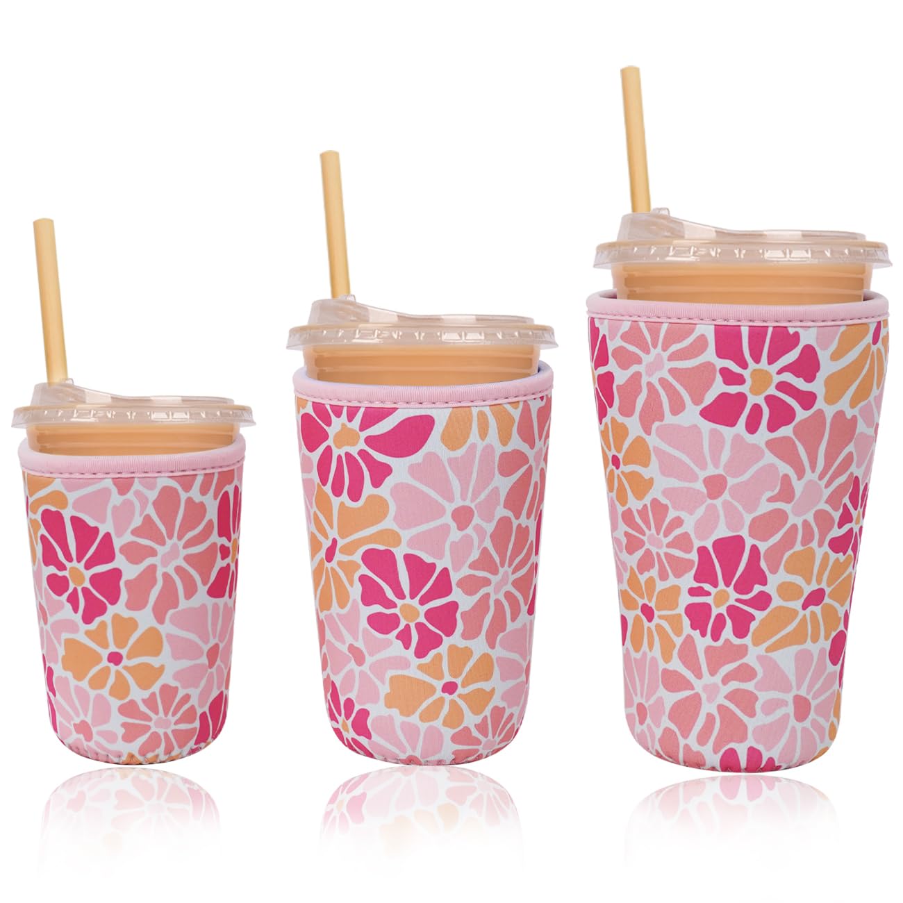Reusable Insulated Neoprene Iced Coffee Cup Sleeve, Durable Drink Sleeve for Cold Beverages, Beverage Holder for Iced Coffee (Blush Petals)