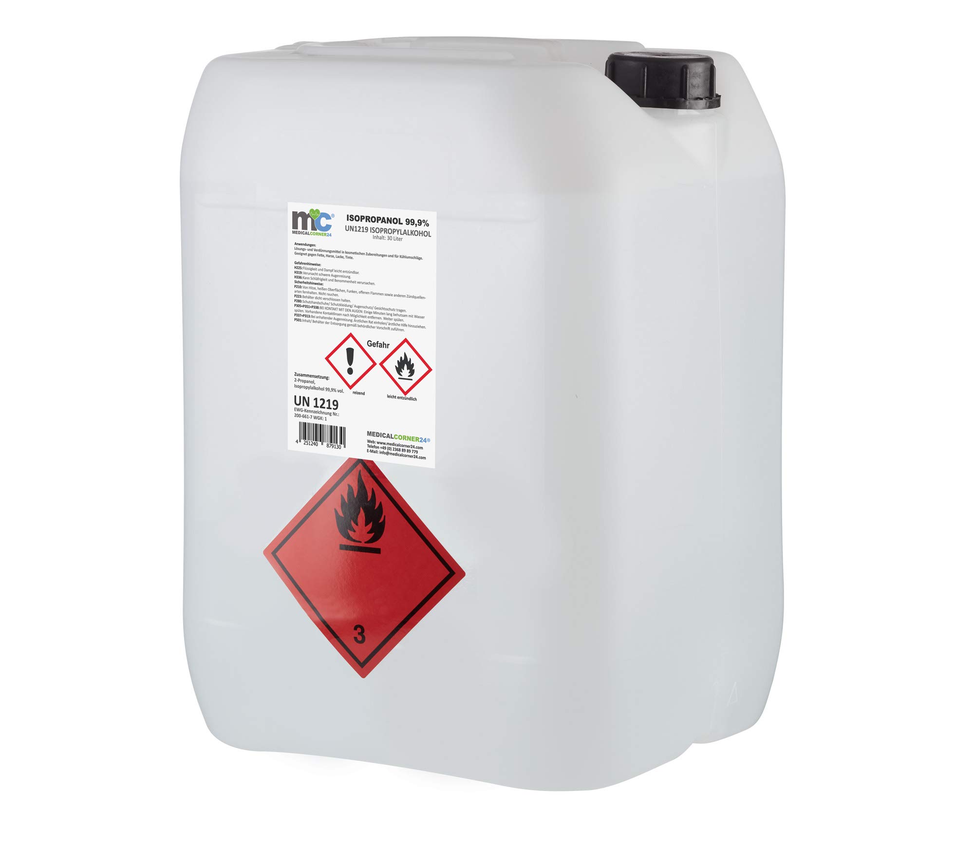 Medicalcorner24® Isopropanol 99,9% alcohol isopropílico, bidón de 30 litros, alcohol