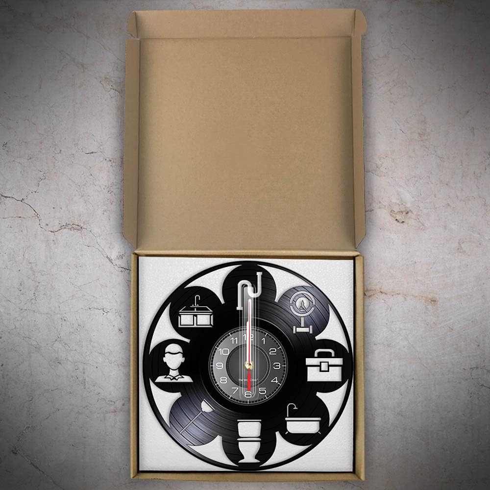 12 Inch Plumber Wall Clock, Silent Quartz Non Ticking Battery Operated Modern Decorative Analog Black Vinyl Record Wall Clock for Maintenance Man Gifts Bedroom Living Room Office Decor