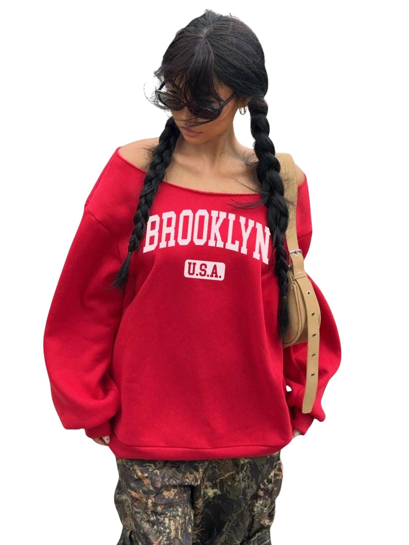 Brooklyn USA Off-Shoulder Sweatshirt, Red Cotton Blend, Casual Streetwear Style-image-27