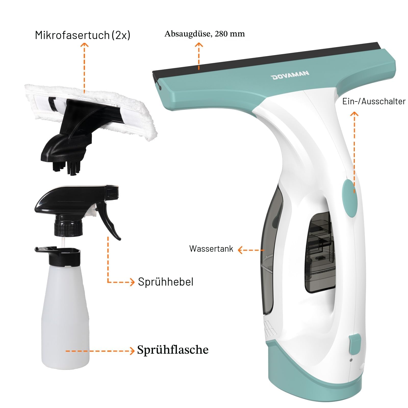 DOVAMAN WC01A Fenstersauger, 30 Min Laufzeit, 280mm Saugdüse, Sprühflasche mit 2 Mikrofasertüchern, 150ml Wassertank, 150m² pro Ladung, 700g Leichter Akku Fenstersauger