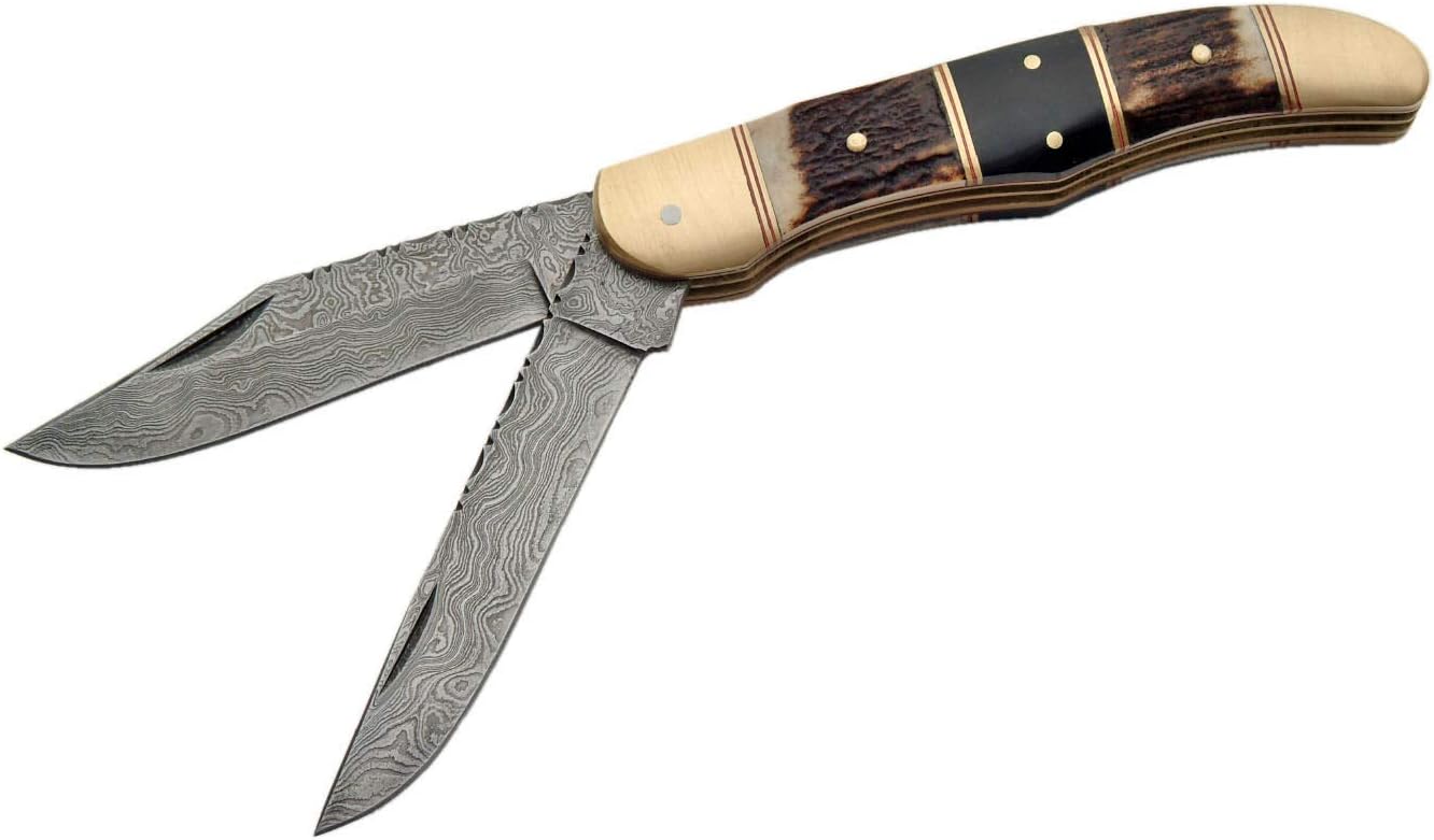 SANZ Damascus Folding Pocket Knife 2 Blades - Folding Knife for Men, Damascus Blade, Horn Handle for Camping, Hiking, Outdoor Use