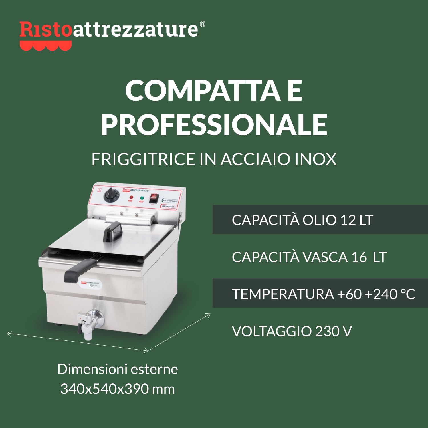 Ristoattrezzature Friggitrice Elettrica Singola Vasca, Professionale in Acciaio Inox - con Rubinetto di Scarico - 16 Litri, Capacità Olio 12 Litri - 220 Volt