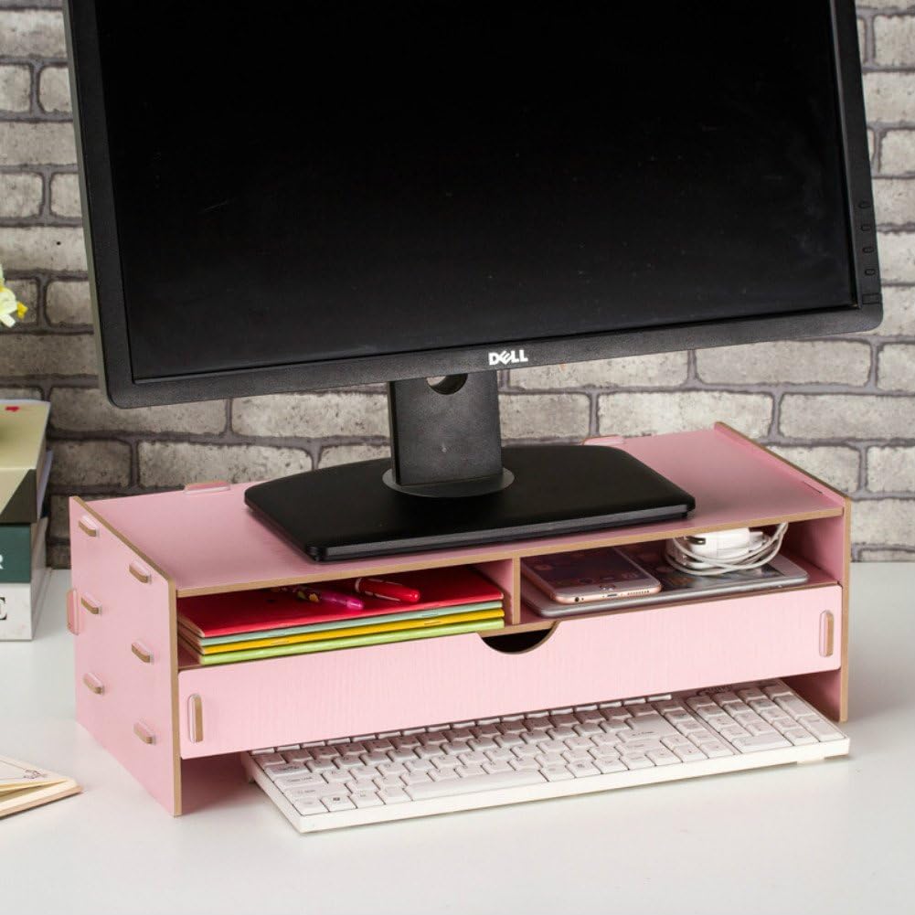 Dreamaccess Wooden TV Laptop PC Monitor Stand,Extra Drawer,Cellphone Pocket,Book Shelf,Pen Box,Daily Stuff Organizer-Pink